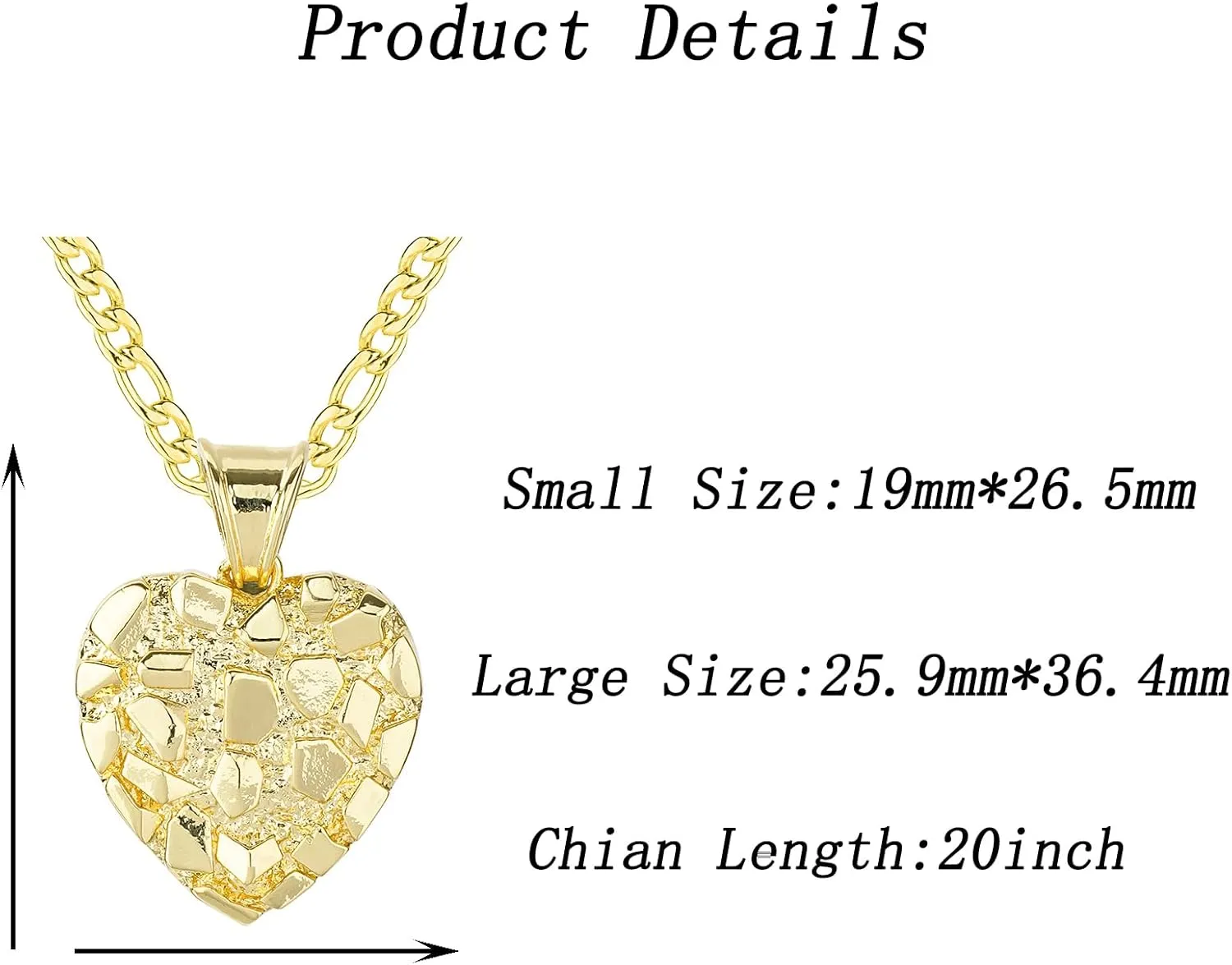 14k Gold Plated Rough Textured Cookie Nugget Heart Shape Charm Pendant Necklace For Women Men
