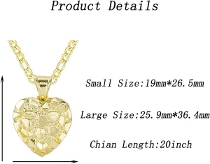 14k Gold Plated Rough Textured Cookie Nugget Heart Shape Charm Pendant Necklace For Women Men