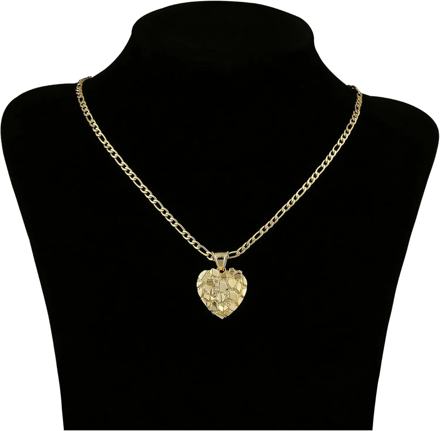 14k Gold Plated Rough Textured Cookie Nugget Heart Shape Charm Pendant Necklace For Women Men
