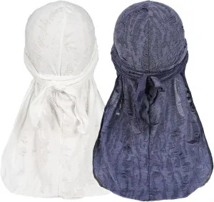 2 Pieces Durag Hat for Men, Silk Satin Durag Long Tail Pirate Wave Cap Durag Broken Feather Turban Headwear