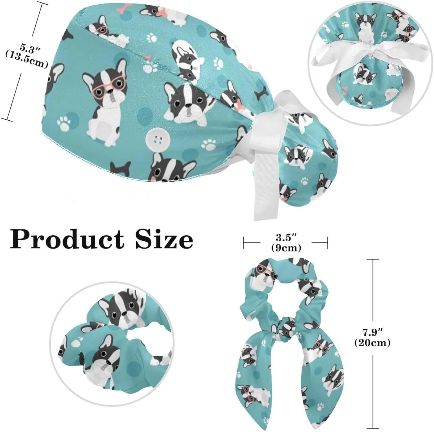 Animals Dogs Working Cap with Buttons, Adjustable Surgical Scrub Cap with Bow Hair Scrunchy