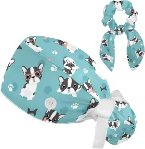 Animals Dogs Working Cap with Buttons, Adjustable Surgical Scrub Cap with Bow Hair Scrunchy