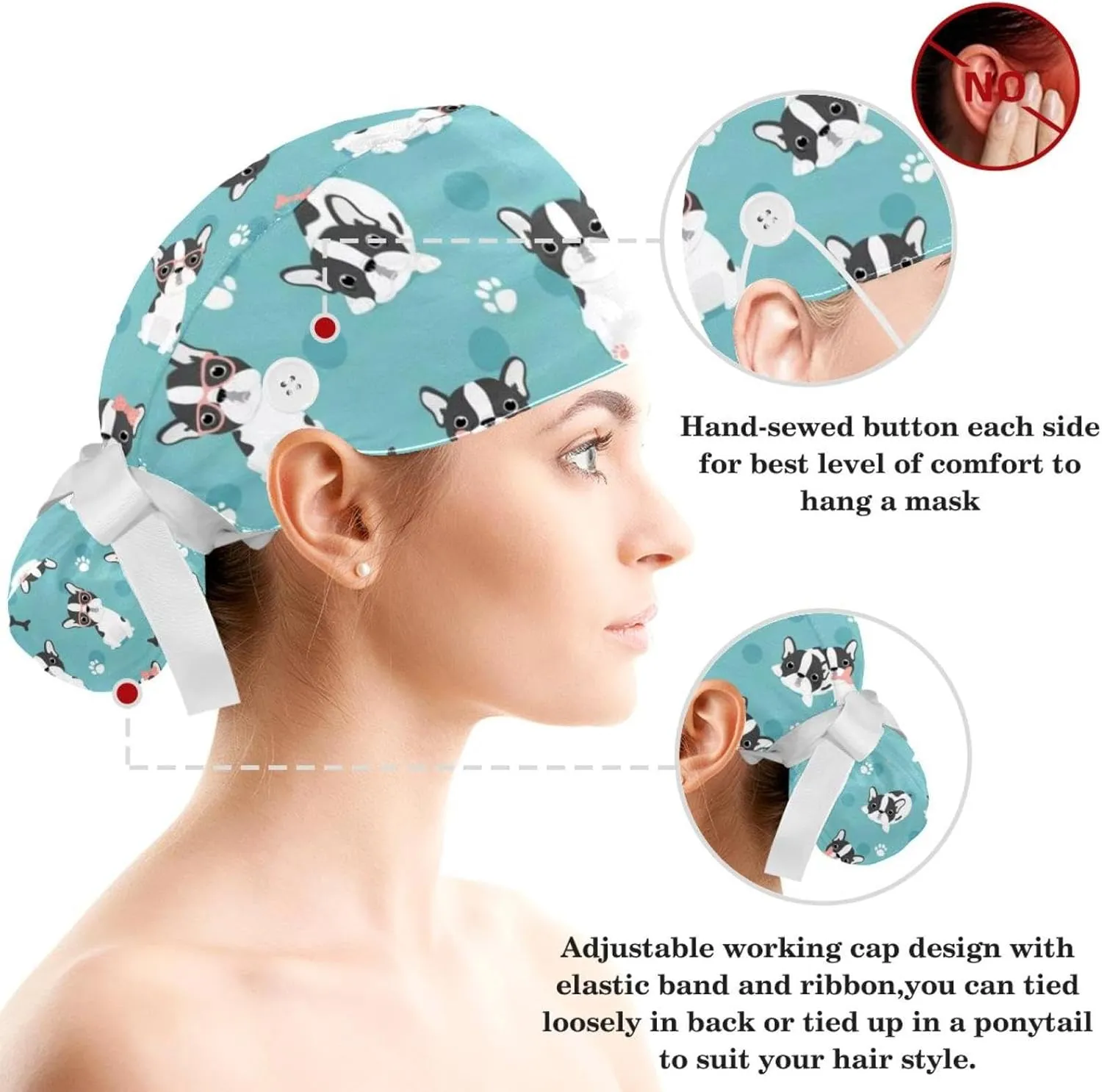 Animals Dogs Working Cap with Buttons, Adjustable Surgical Scrub Cap with Bow Hair Scrunchy