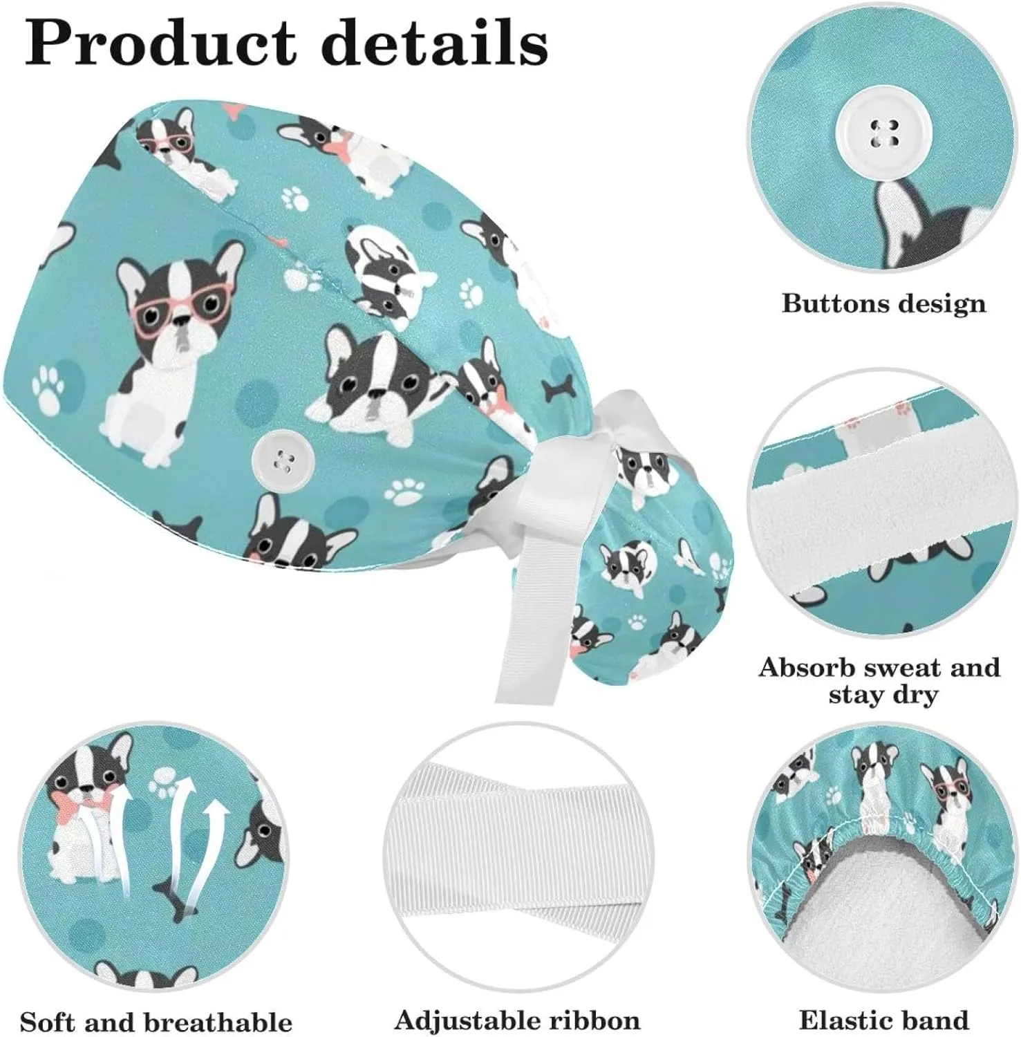 Animals Dogs Working Cap with Buttons, Adjustable Surgical Scrub Cap with Bow Hair Scrunchy