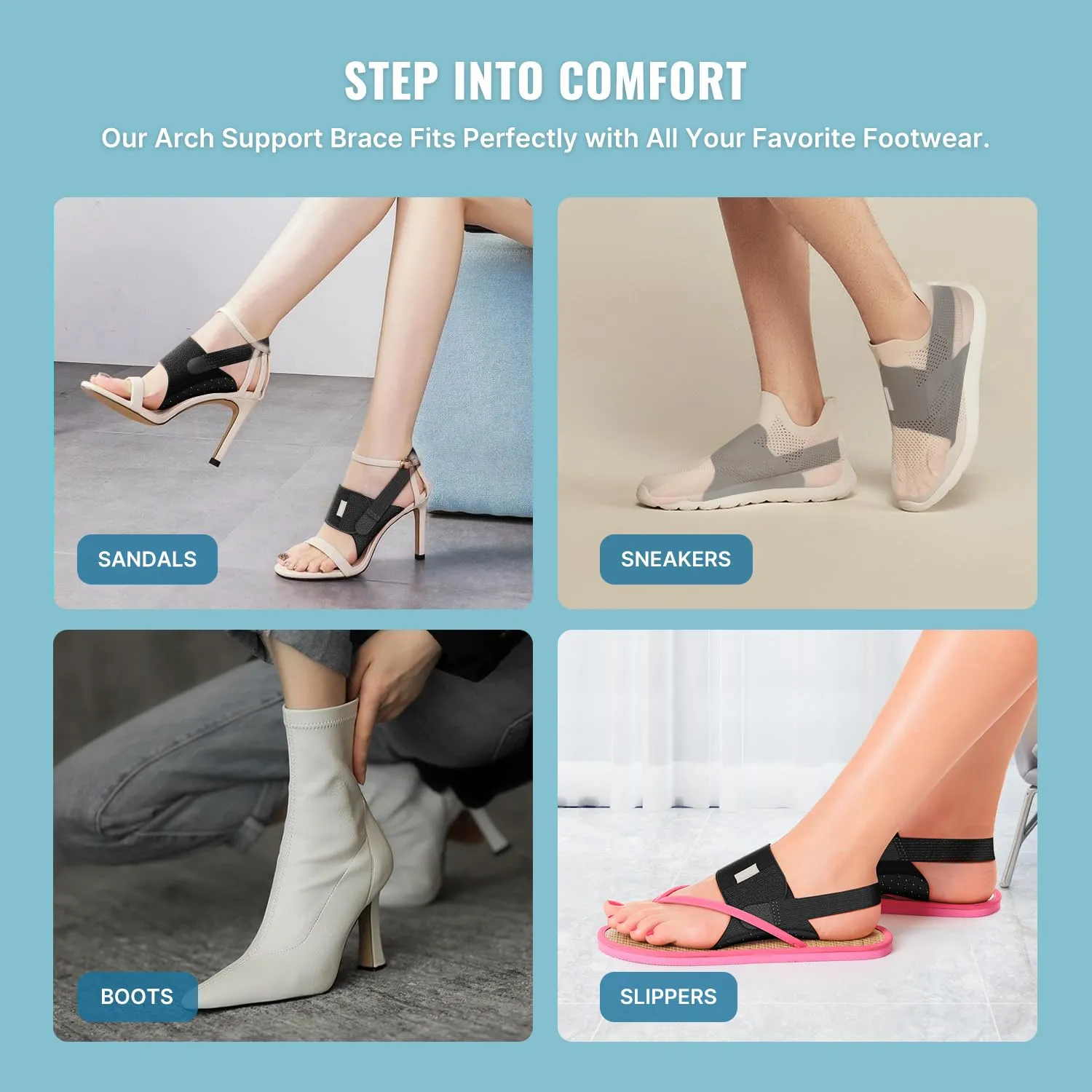 Arch Support Braces for Plantar Fasciitis Relief: Upgraded Non-Slip Wearable Arch Support w/Built-in Orthotics - Adjustable Bands w/Gel Pads for Flat Feet High & Fallen Arch Unisex HSA or FSA Eligible One Size Black