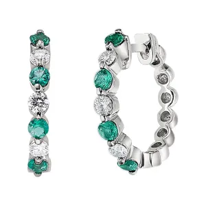 Classic Emerald and Gold Diamond Hoop Earrings Mid-Size