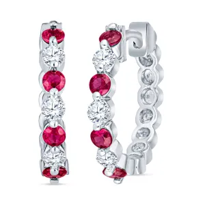 Classic Ruby and Diamond Hoop Earrings Mid-Size