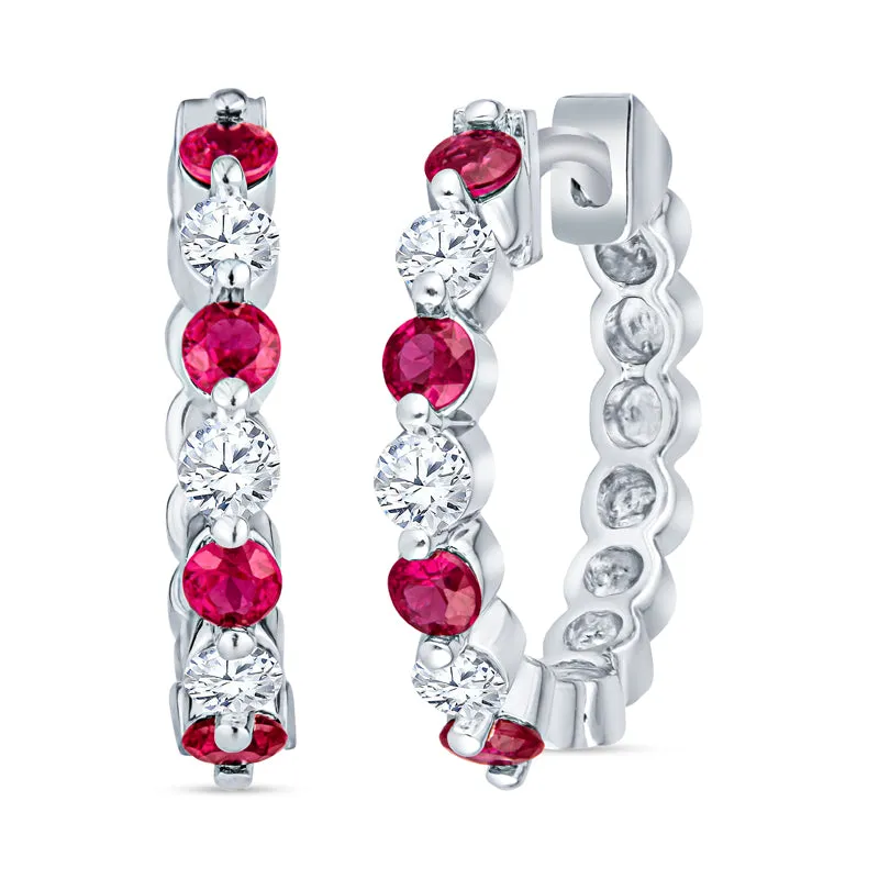 Classic Ruby and Diamond Hoop Earrings Mid-Size