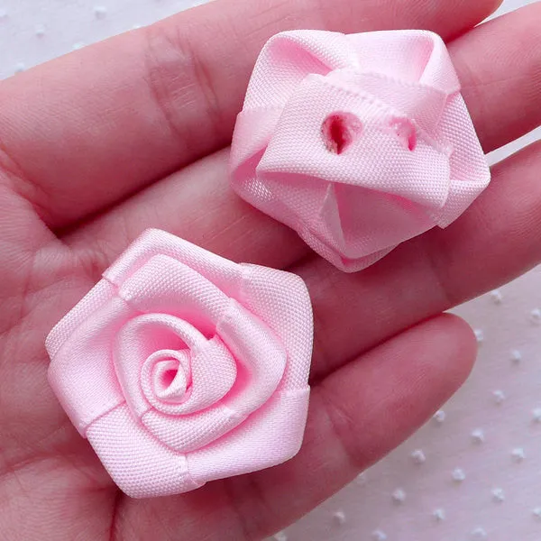 CLEARANCE Satin Ribbon Rose Flowers / Fabric Floral Applique (3pcs / 3cm / Pink) Wedding Bouquet Rose Lapel Pin DIY Floral Headbands Hair Bows B234