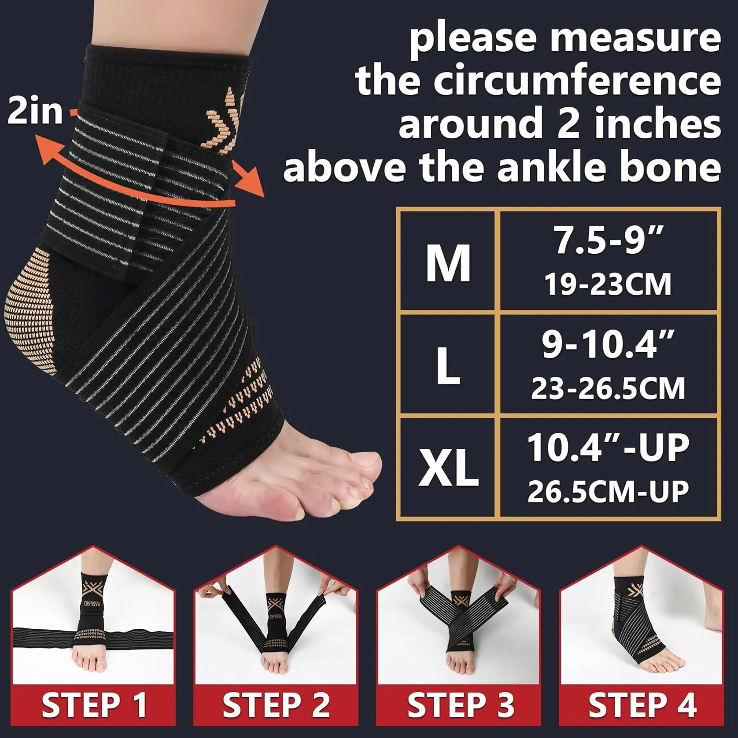 Copper Ankle Brace Compression Sleeve for Women & Men - Adjustable Strap for Arch Support - Plantar Fasciitis Brace for Sprained Ankle, Achilles Tendonitis Pain, Injury Recovery, RunningXL