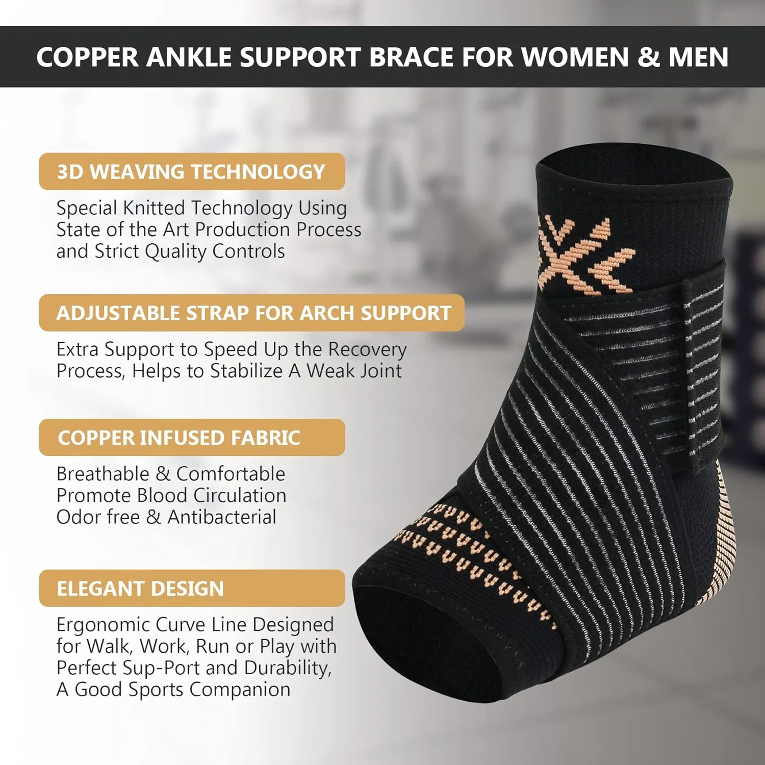 Copper Ankle Brace Compression Sleeve for Women & Men - Adjustable Strap for Arch Support - Plantar Fasciitis Brace for Sprained Ankle, Achilles Tendonitis Pain, Injury Recovery, RunningXL