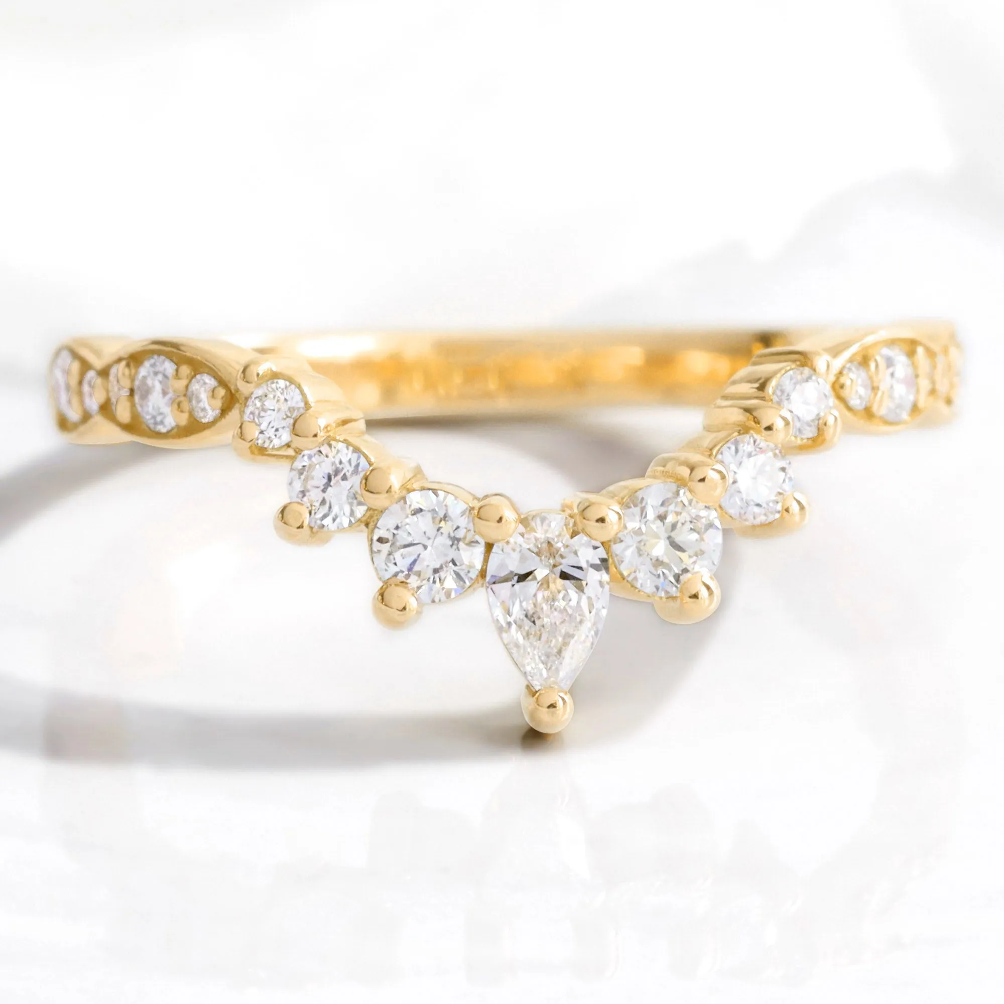 Crescent 7 Diamond Wedding Ring in Curved U Shaped Scalloped Band