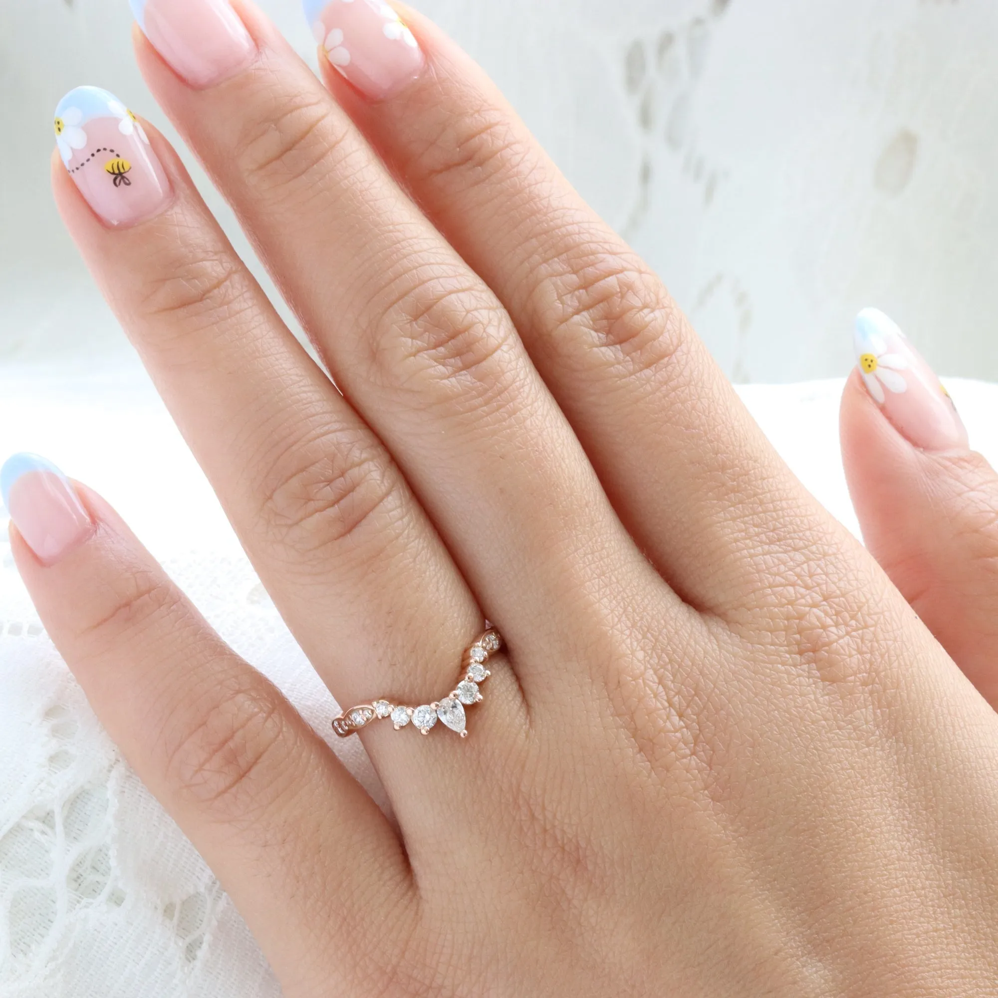 Crescent 7 Diamond Wedding Ring in Curved U Shaped Scalloped Band