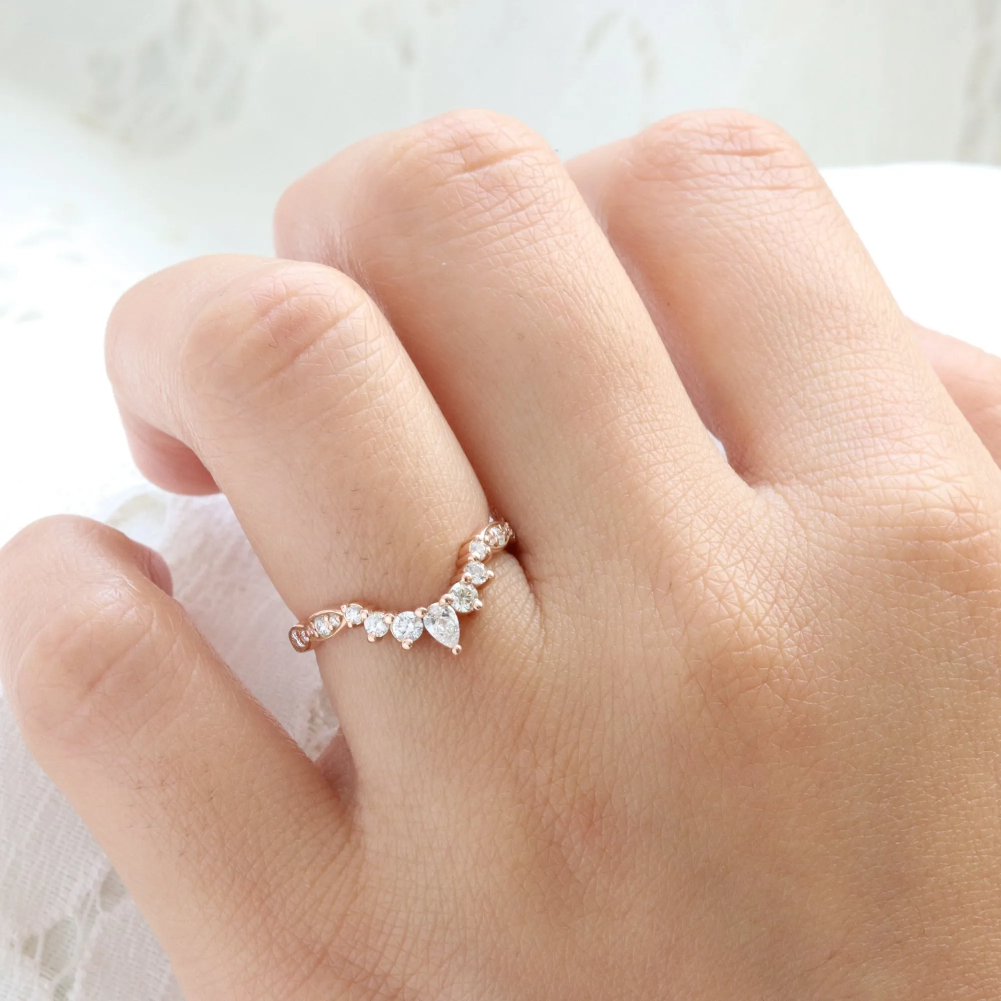Crescent 7 Diamond Wedding Ring in Curved U Shaped Scalloped Band
