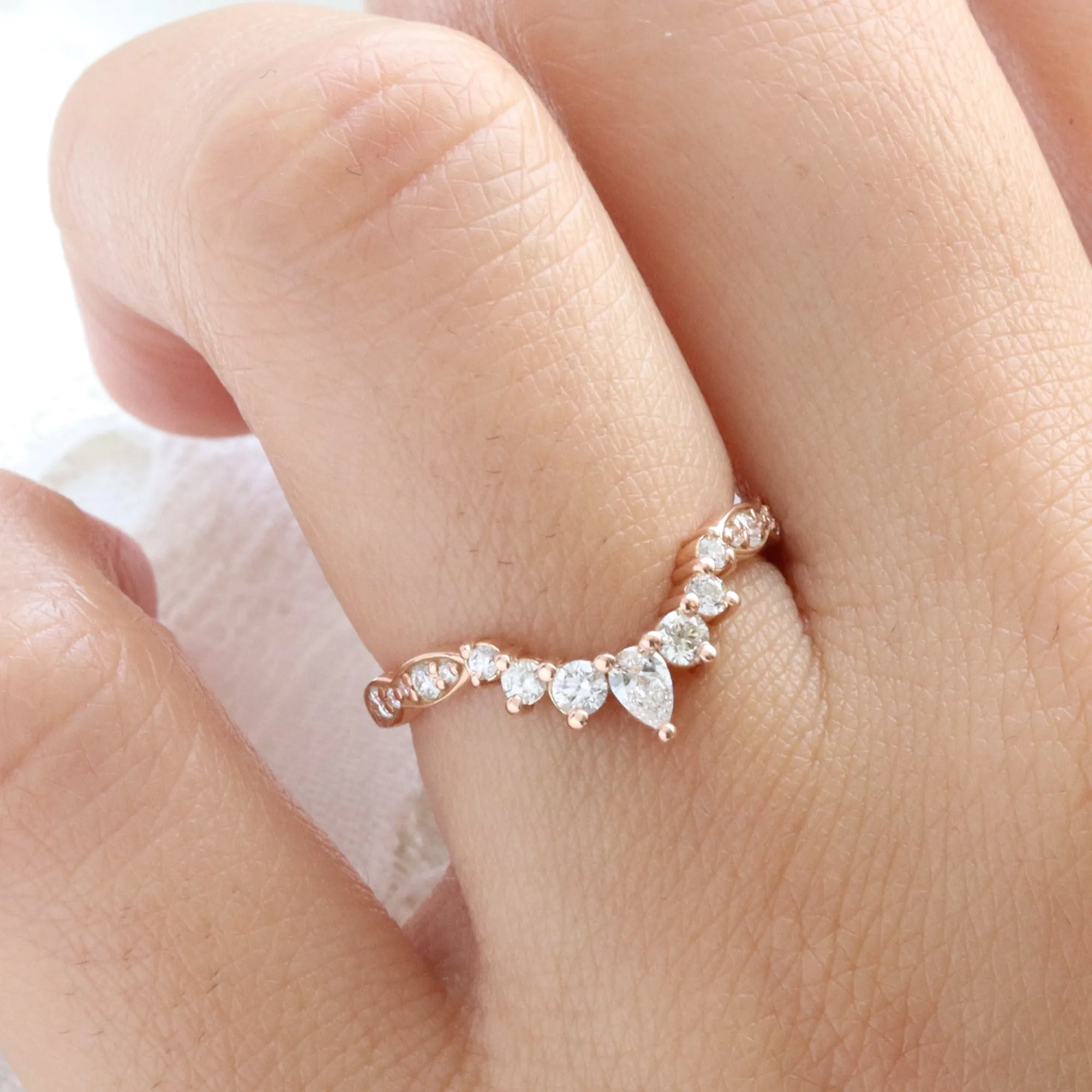 Crescent 7 Diamond Wedding Ring in Curved U Shaped Scalloped Band