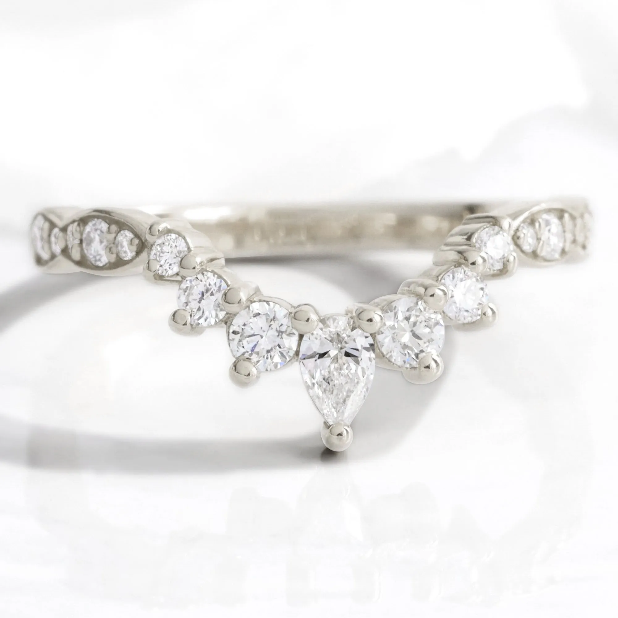 Crescent 7 Diamond Wedding Ring in Curved U Shaped Scalloped Band