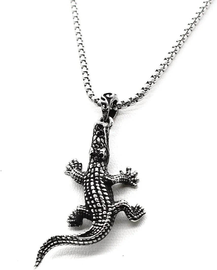 Crocodile Pendant, Alligator Necklace for Men, Gothic Crocodile Necklace Crocodile Jewelry, Hip Hop Crocodile Charm Necklace Stainless Steel Punk Crocodile Animal Pendant Necklace for mens