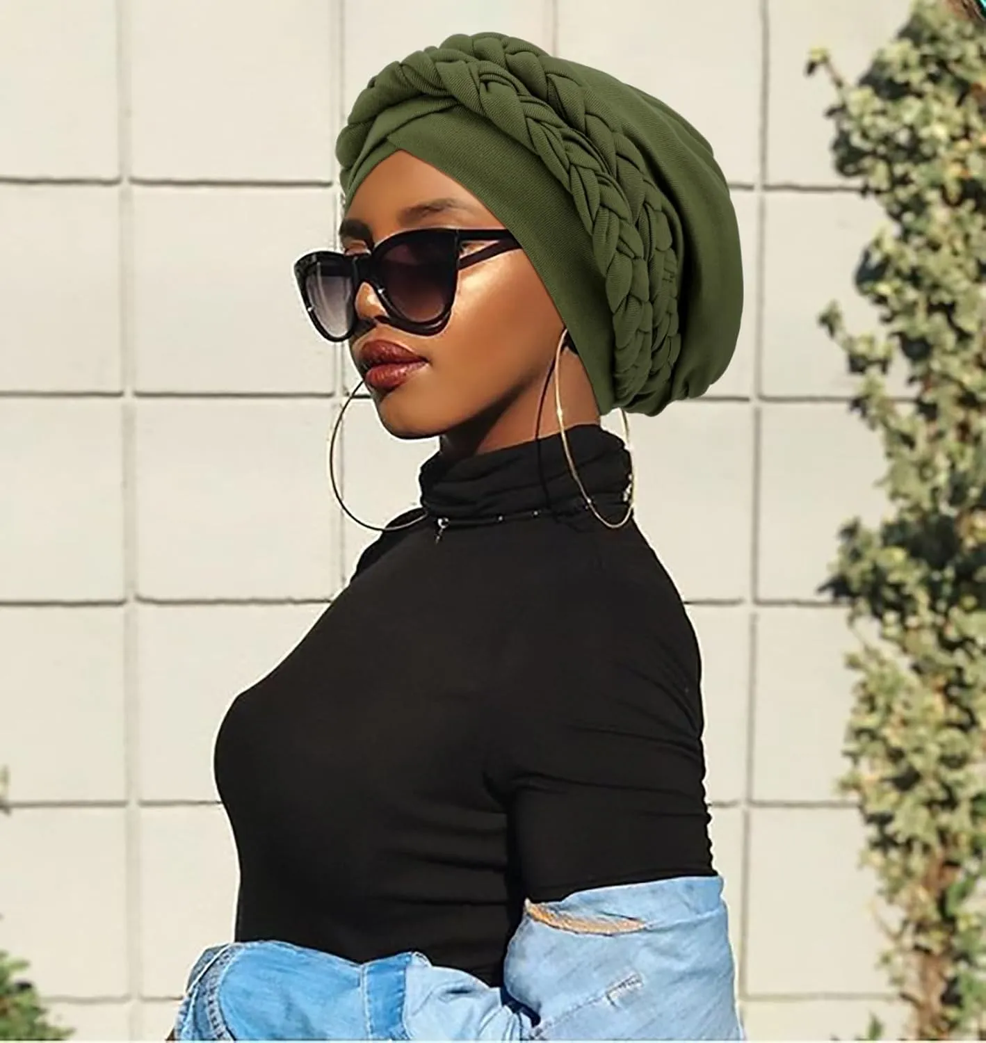 DRESHOW African Women Turban Caps Cotton Beanie Twist Headscarf Pre-Tied Double Twisted Braids Wrap Hat Chemo Cancer Cap