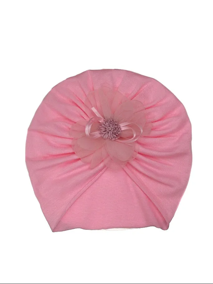 Enchanting Petal-Pink Delicate Floral Adorned Cotton Turban for Girls