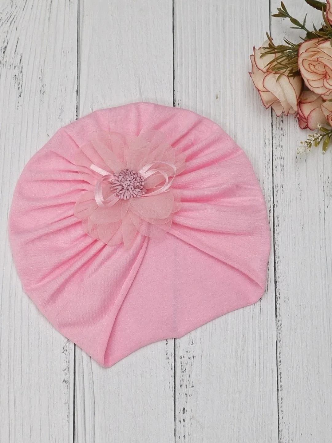 Enchanting Petal-Pink Delicate Floral Adorned Cotton Turban for Girls