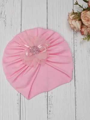 Enchanting Petal-Pink Delicate Floral Adorned Cotton Turban for Girls