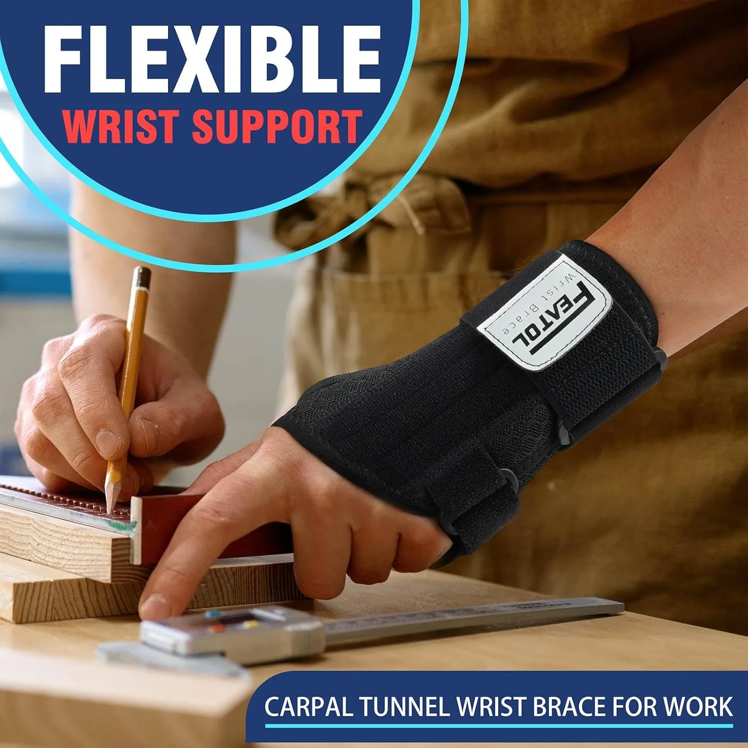 FEATOL 2 Pack Carpal Tunnel Wrist Brace For Work With Wrist Splint, 6.5'' Wrist Brace Night Support For Women Men, Pain Relief For Tendonitis, Arthritis, Pregnancy, Typing, Right and Left Hand, Medium