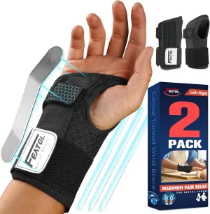 FEATOL 2 Pack Carpal Tunnel Wrist Brace For Work With Wrist Splint, 6.5'' Wrist Brace Night Support For Women Men, Pain Relief For Tendonitis, Arthritis, Pregnancy, Typing, Right and Left Hand, Medium
