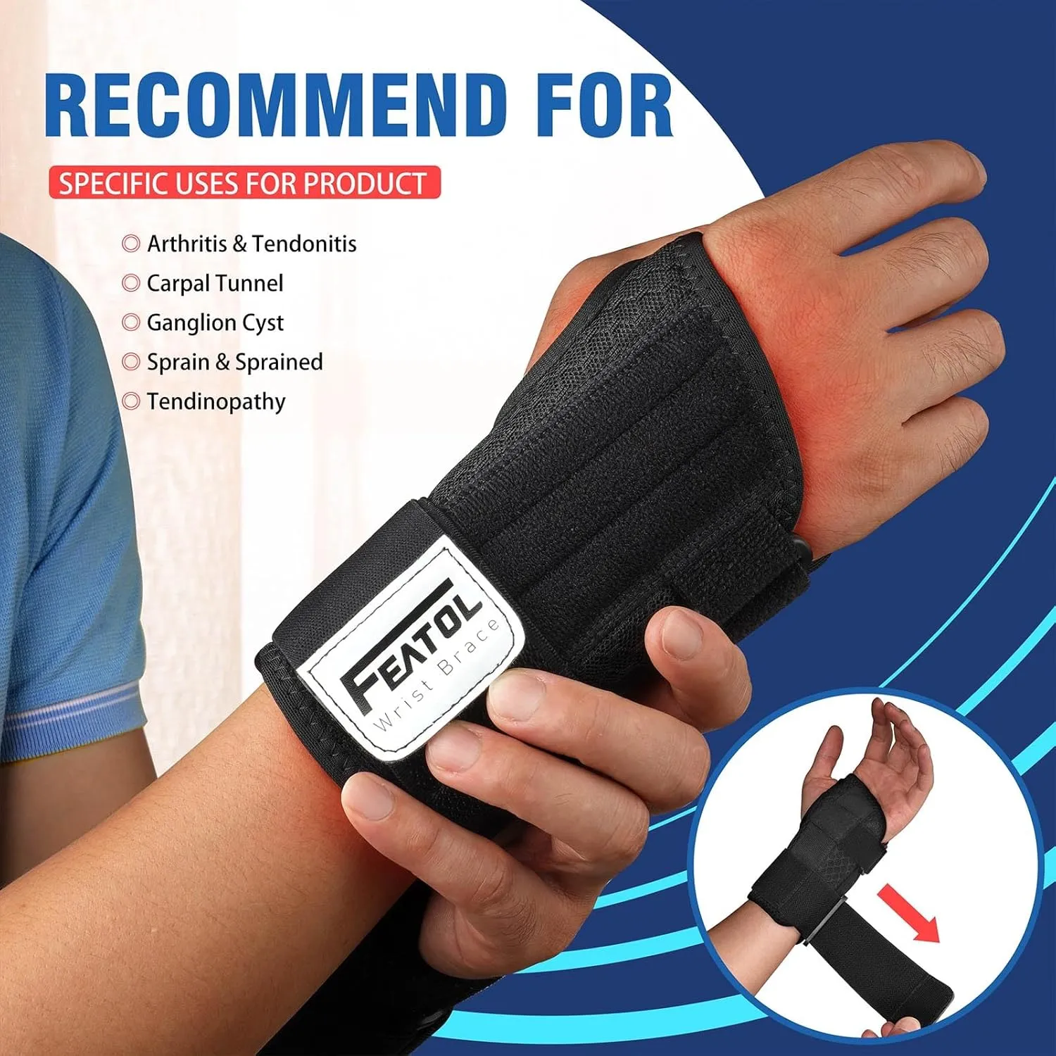 FEATOL 2 Pack Carpal Tunnel Wrist Brace For Work With Wrist Splint, 6.5'' Wrist Brace Night Support For Women Men, Pain Relief For Tendonitis, Arthritis, Pregnancy, Typing, Right and Left Hand, Medium