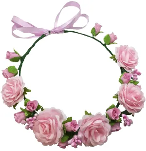 Flower Crown Girls Floral Headpiece - Artificial White Pink Roses Wedding - Bridal Boho Wreath Kids Toddler