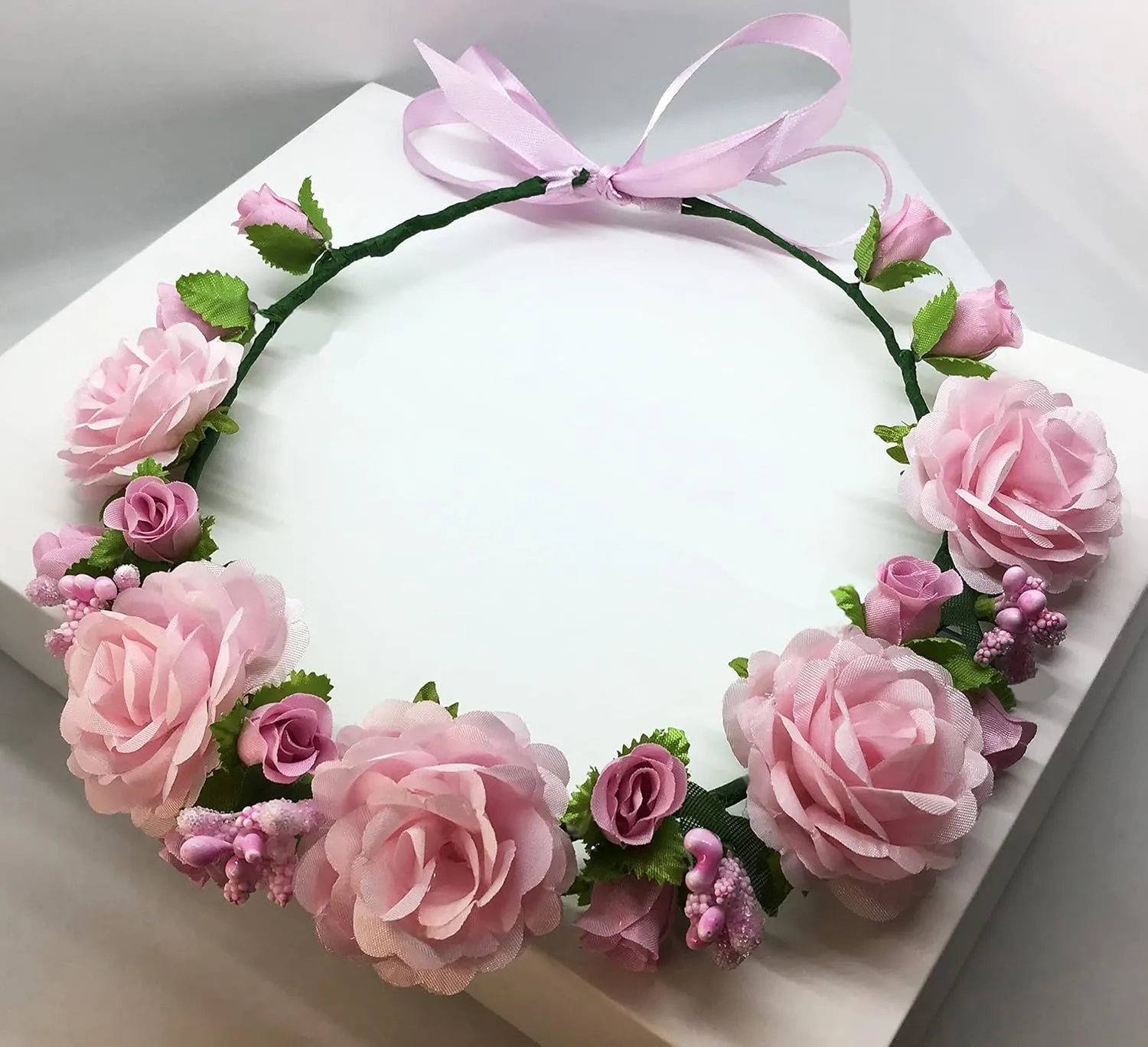 Flower Crown Girls Floral Headpiece - Artificial White Pink Roses Wedding - Bridal Boho Wreath Kids Toddler