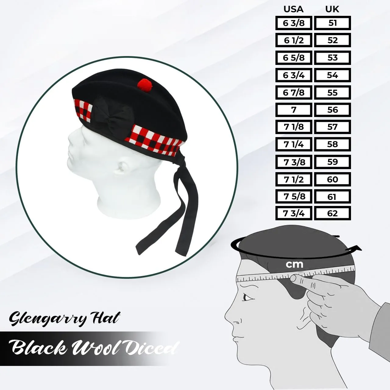 Glengarry Cap-Traditional Scottish Hat,100% Wool, Acrylic Wool Tartan,Kilts/Bagpipes Accessories,Polyester Cotton Ribbon