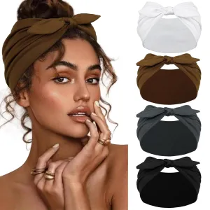 Huachi 4 Packs Bow Headbands for Women Girls, Wide Head Bands for Women's Hair Non Slip Soft Elastic Hair Bands, African Thick Workout Gym Turban Bandanas Head Wraps Hair Accessories