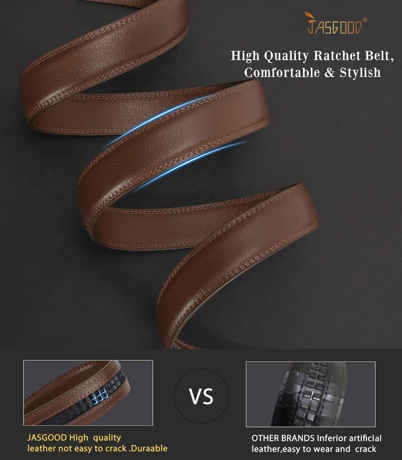 JASGOOD Ratchet Belt Replacement Strap 1 1/8", Leather Belt Strap for 35MM Slide Click Buckle