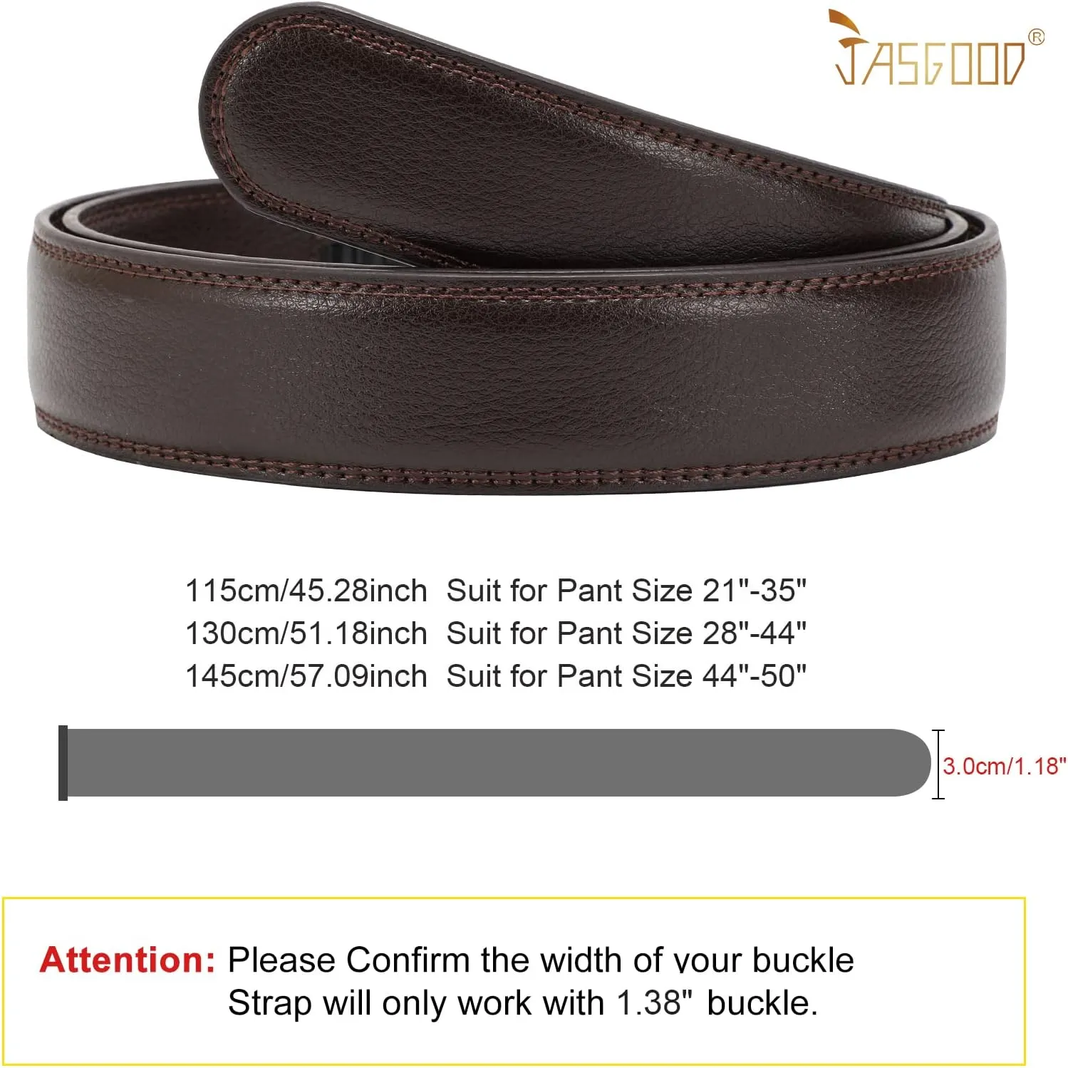 JASGOOD Ratchet Belt Replacement Strap 1 1/8", Leather Belt Strap for 35MM Slide Click Buckle