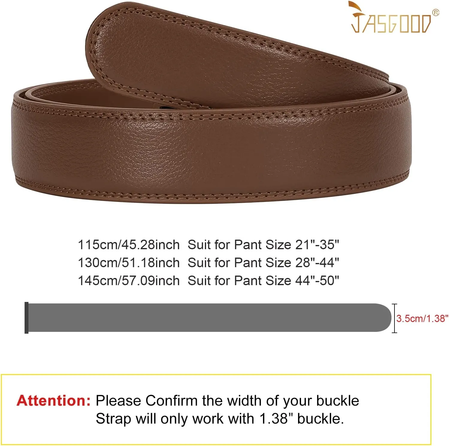JASGOOD Ratchet Belt Replacement Strap 1 1/8", Leather Belt Strap for 35MM Slide Click Buckle