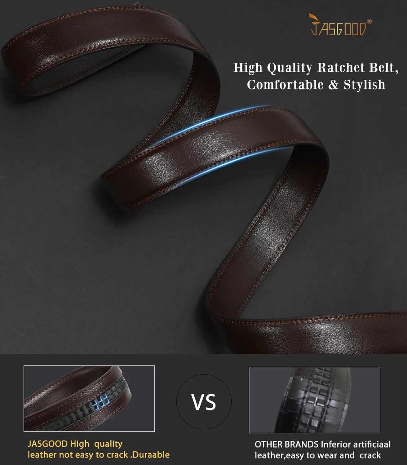 JASGOOD Ratchet Belt Replacement Strap 1 1/8", Leather Belt Strap for 35MM Slide Click Buckle