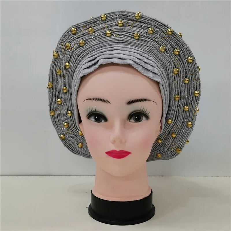Nigerian Auto Gele headtie turban head wrap with Gold Stud