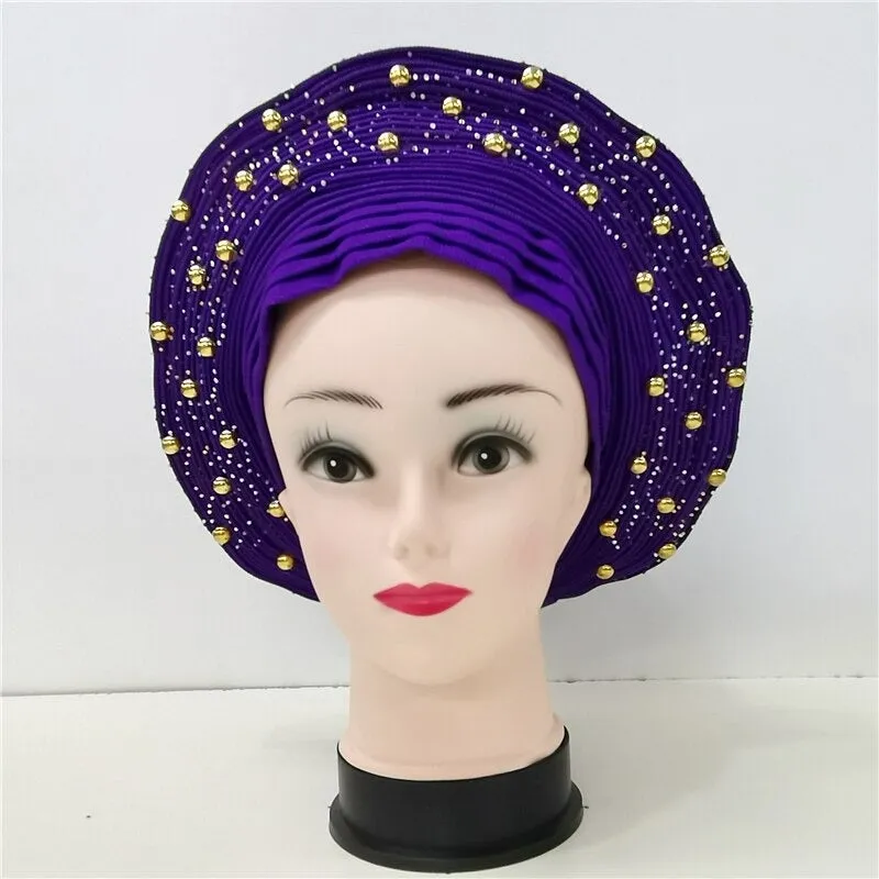 Nigerian Auto Gele headtie turban head wrap with Gold Stud