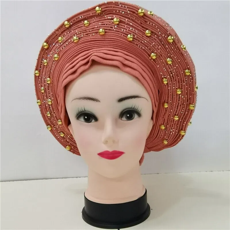 Nigerian Auto Gele headtie turban head wrap with Gold Stud