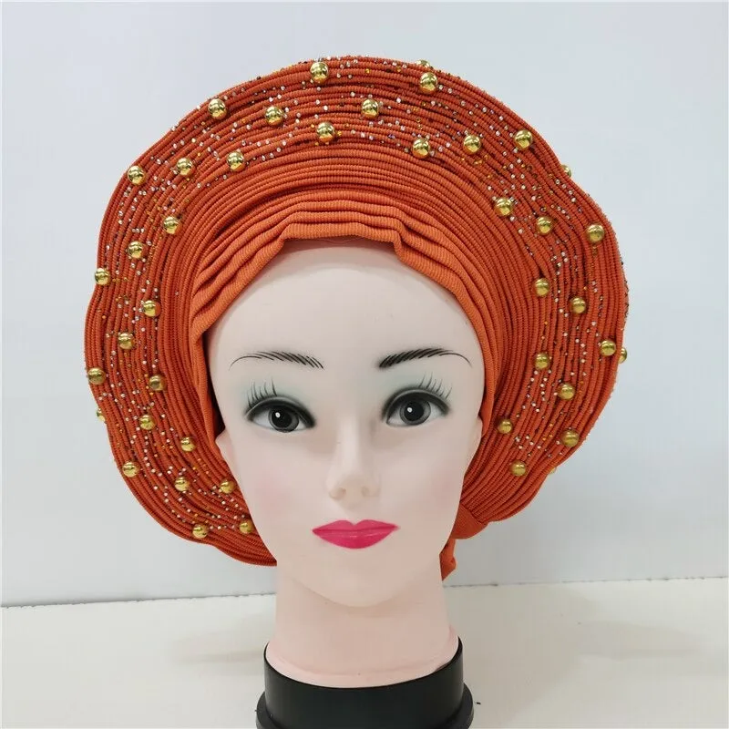 Nigerian Auto Gele headtie turban head wrap with Gold Stud