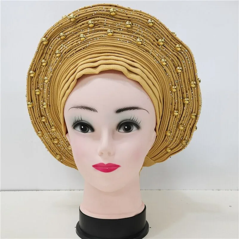 Nigerian Auto Gele headtie turban head wrap with Gold Stud
