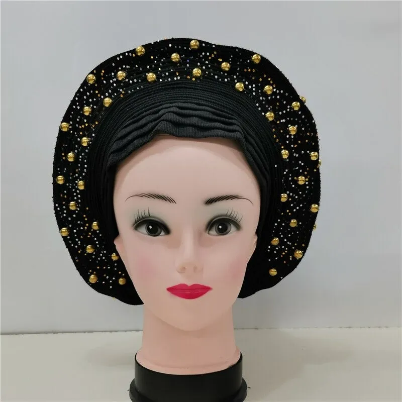 Nigerian Auto Gele headtie turban head wrap with Gold Stud