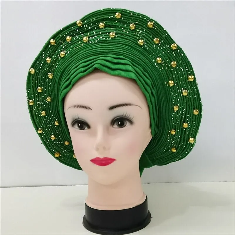 Nigerian Auto Gele headtie turban head wrap with Gold Stud