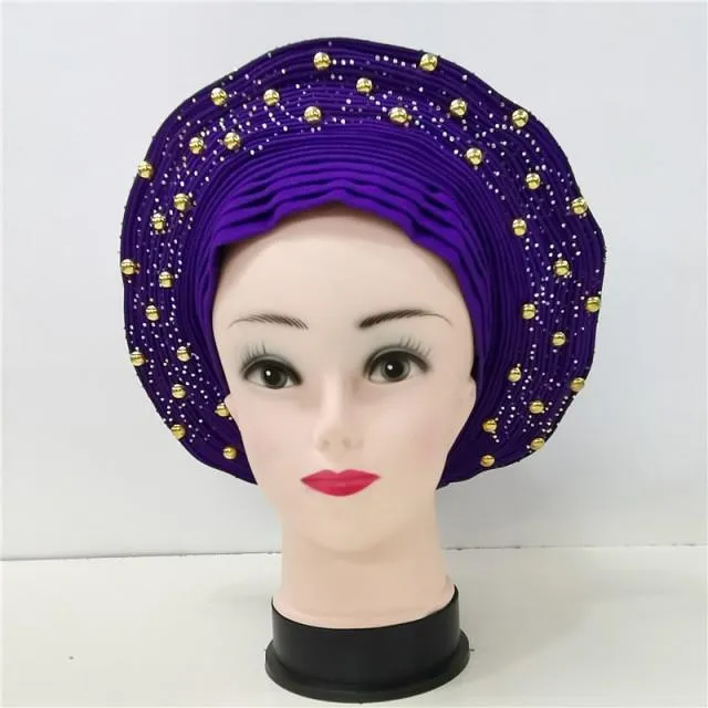 Nigerian Auto Gele headtie turban head wrap with Gold Stud