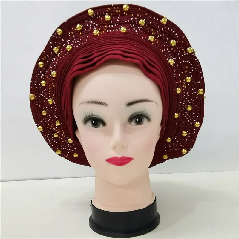 Nigerian Auto Gele headtie turban head wrap with Gold Stud