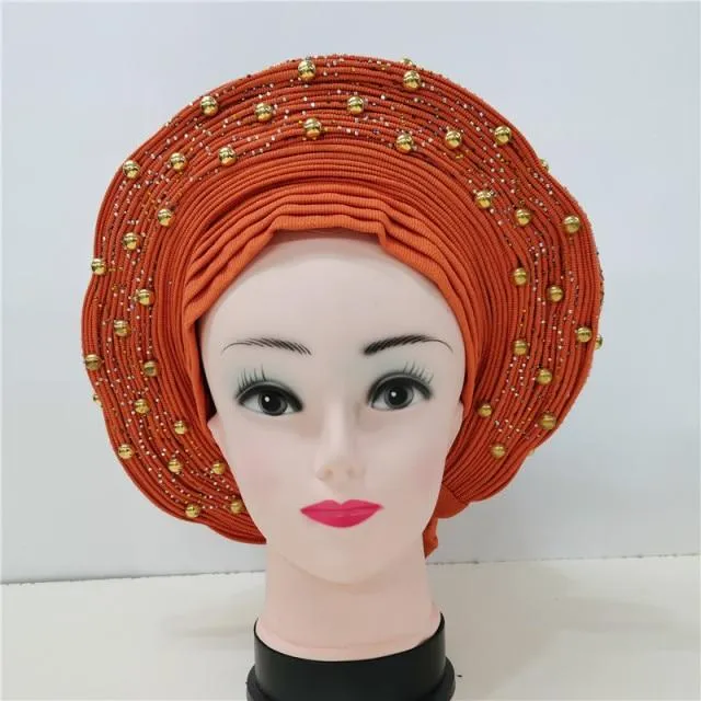Nigerian Auto Gele headtie turban head wrap with Gold Stud