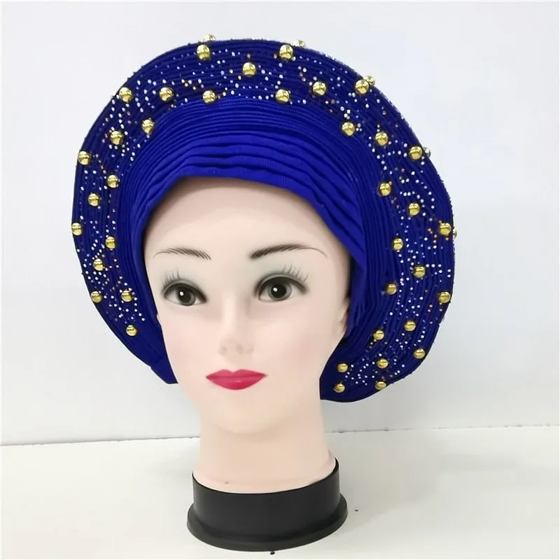 Nigerian Auto Gele headtie turban head wrap with Gold Stud