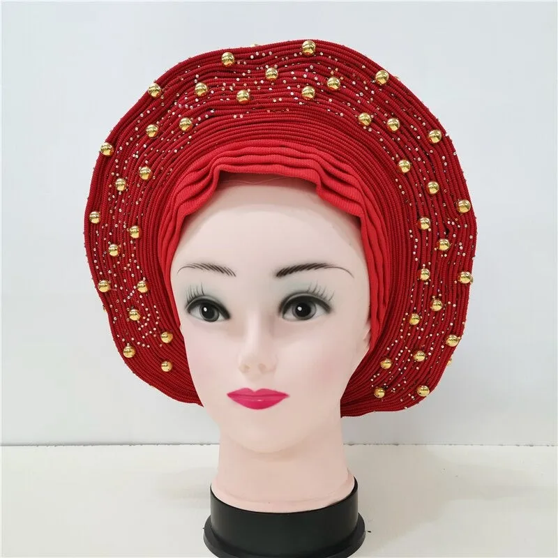 Nigerian Auto Gele headtie turban head wrap with Gold Stud