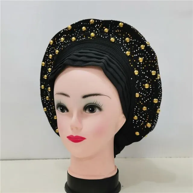 Nigerian Auto Gele headtie turban head wrap with Gold Stud