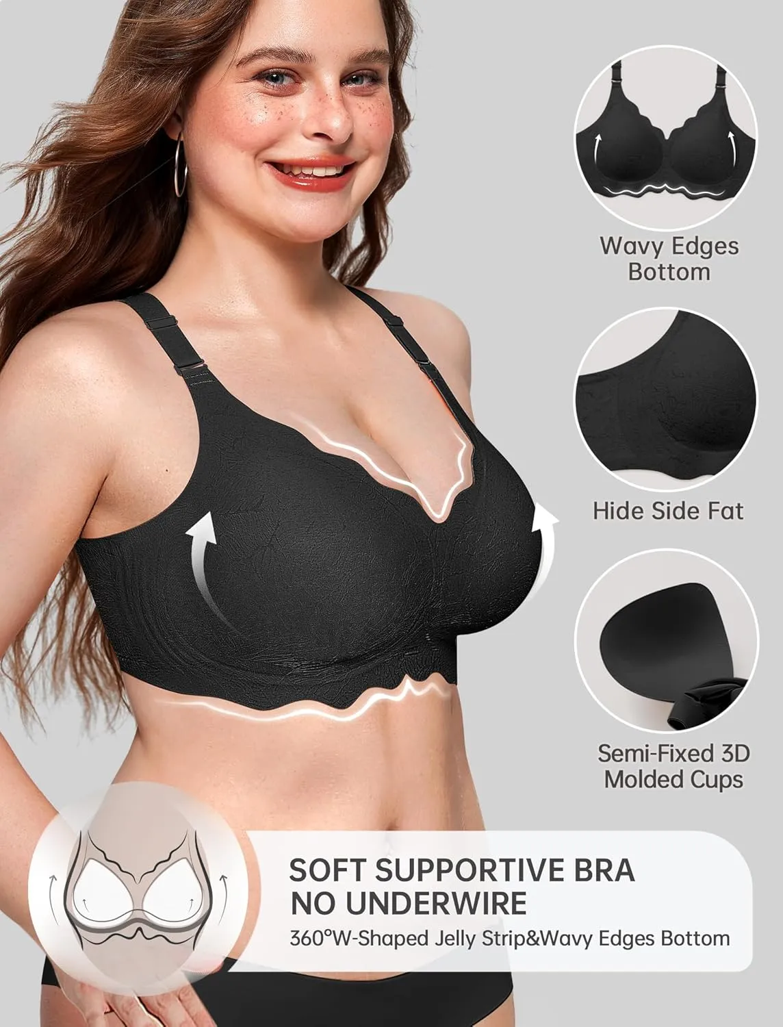 OEAK Women Bras No Underwire Scalloped Push Up Buttery Soft Tshirt Bra Seamless Full Coverage Convertible Everyday Bra